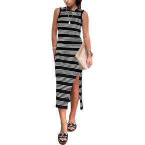kinstell 2024 Women's Summer Midi Dresses Sleeveless Hollow Out Crochet Sweater Knit Side Slit Striped Long Tank Dress