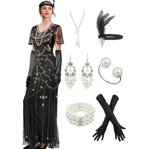 Women Maxi Long Dress 1920s Sequin Mermaid Hem Wedding Prom Gown Costume w/ 20s Gatsby Accessories Set