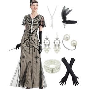 Women Maxi Long Dress 1920s Sequin Mermaid Hem Wedding Prom Gown Costume w/ 20s Gatsby Accessories Set