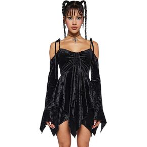 Dolls Kill F is for Fairies Handkerchief Dress for Women - Off-Shoulder, Custom Fit Dress for Fairycore Fashion - Black Velvet, Large