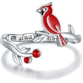 Sterling Silver Red Cardinal Ring - I Am Always With You Memorial Jewelry Gift for Women