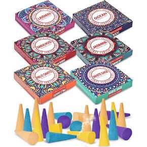 Incense Cones Set - Lavender, Jasmine, Sandalwood, Palo Santo, Rose, White Sage for Meditation & Yoga