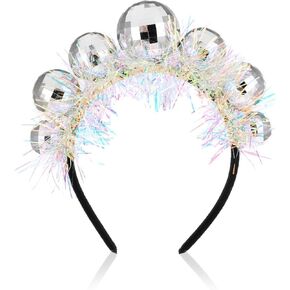 Janylin Women Disco Ball Crown Headband Girls Birthday Hairband Sparkly Silver Headpieces Party Rave Headwear Hair Accessory