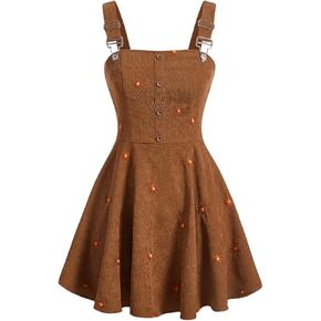 WDIRARA Women's Floral Embroidery Flared A Line Overall Dress Button Front Straps Pinafore Suspender Dresses