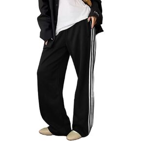 Women Track Pants Wide Leg Striped Sweatpants Elastic High Waist Baggy Pants with Pockets
