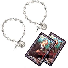 2 Sets St Benedict Bracelets with Saint Benedict Medals and Crucifix,Catholic Rosary Bracelet with Prayer Card for Women Men Gift,Medalla De San Benito Rosary Jewelry