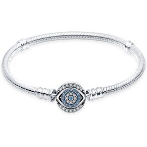KUNSIR 925 Sterling Silver Snake Chain Bracelet Blue Evil Eyes with 5A Cubic Zirconia Bracelets for Women Teen