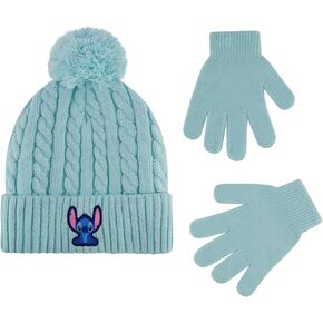 Disney Stitch Beanie Hat and Gloves Set, Girls Cuffed Winter Cable Knit Cap with Pom and Matching Mittens, Mint, One Size