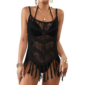 Eddoyee Crochet Cover Ups for Swimwear Women Sexy Hollow Out Swimsuit Coverup Sleeveless Tassel Beach Bikini Dress