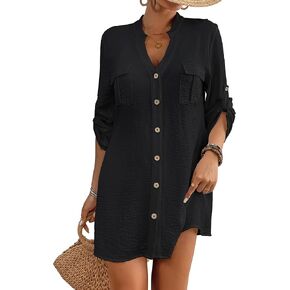 Bsubseach Swimsuit Coverup for Women Long Sleeve Shirt Dress Button Down Bathing Suit Cover Up Top