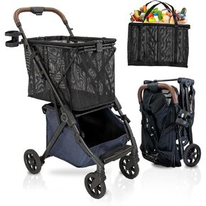 Personal Luxury Folding Shopping Cart On Premium Wheels – Ultra Lightweight Aluminum Frame – Removable Shopping Bag with Carry Strap & Lower Grocery Storage 75Lbs Capacity (Shadow v2)