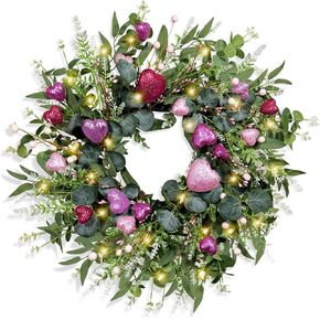 Valentines Wreath 25 Inch Valentines Day Wreaths for Front Door Artificial Valentines Day Door Wreath with Pink and Red Hearts for Valentine's Day Anniversary Wedding Decor Eucalyptus Wreath