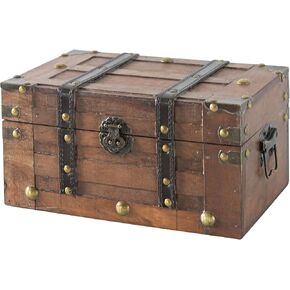 SLPR Alexander Small Wooden Treasure Chest - 11" x 7" x 5.5", Wood Storage Box with Hinged Lid, Decorative Trunk for Keepsakes, Vintage Pirate Chest for Classroom