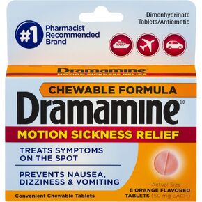 Dramamine Chewable Formula Motion Sickness Relief | Orange | 8 Count | Pack of 6