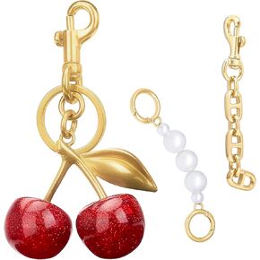 cherry keychain 3PCS, lovely shiny Cherry bag Pendant, delicate pearl chain and classic retro bag extension chain, suitable for a variety of bags，Mother's Day gift，birthday gift