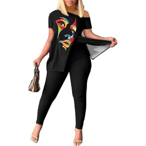 OCEANLUX Women's Lounge Sets 2 Piece 70s 80s 90s Outfits Side Slit Short Sleeve High Waist Legging Pants