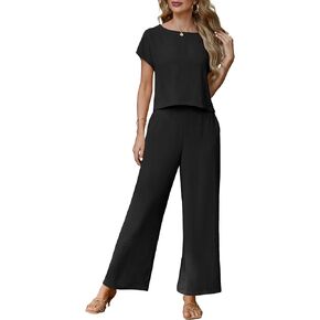 Lepunuo 2 Piece Sets for Women Summer Cap Sleeve Crop Top Wide Leg Pants Matching Lounge Set Vacation Beach Travel Outfits