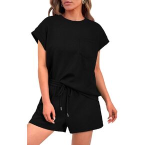 PRETTYGARDEN Women's Summer 2 Piece Outfits Casual Tracksuit Short Sleeve Shirts And Drawstring Shorts Matching Lounge Sets