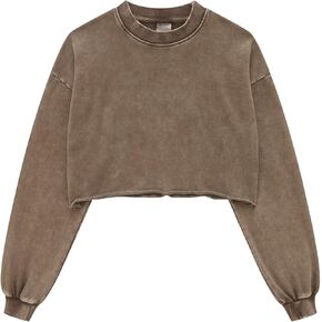 BINTEHGS Acid Wash Cropped Sweatshirts for Women Vintage Crewneck Sweatshirt Long Sleeve Crop Top Workout Hoodies Pullover