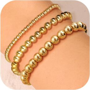 Fansilver Gold Bracelets for Women 14K Gold Plated Stretch Beaded Bracelets Stackable Gold Bead Ball Bracelet for Women Trendy Gifts Adjustable Gold Jewelry