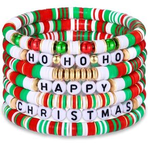 Cristina 7-10pcs Christmas Bracelets Set for Women, Clay Beads Letter Stretch Bracelets Bulk, Adjustable Friendship Stackable Holiday Jewelry Gift