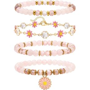 4pcs Crystal Bracelet for Women Glass Beads Bracelet Set with Sunflower Charm Elegant Stackable Bracelets for Women Healing Jewelry Gift