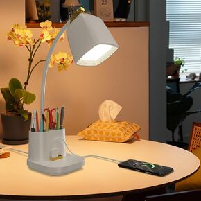 LED Desk Lamp with 2 USB Charging Port, 2 Pen Holders 3 Color Modes Dimmable Reading Light Desk Light, LED Small Desk Lamp Flexible Gooseneck Touch Table Lamp for Bedside Office Home, AC Adapter