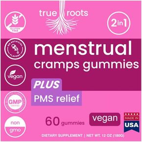 Menstrual Cramp Period Gummies True Roots | PMS Support Supplement for Women | Healthy Flow | Flo PMS Menstrual Cycle Relief, Cramping and Bloating | Vegan & Natural Flavors | 60 Count