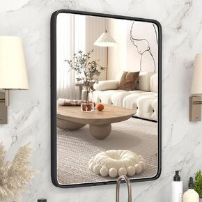 Metal Framed Bathroom Vanity Mirror - Rounded Rectangle Mirrors for Wall 4mm Thickened HD Tempered Glass Wall Mirror Wall Mount Bathroom Mirrors Seamless Vanity Mirrors Matte Black 24x28Inch