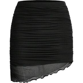Verdusa Women's Asymmetrical Ruched Mini Skirts Lettuce Trim Bodycon Mesh Skirt