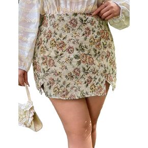 WDIRARA Women's Plus Size Boho Floral Print Skirt Split Hem Skinny Casual Mini Skirt