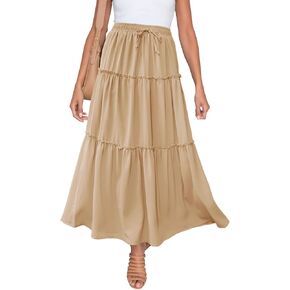 Women’s Maxi Tiered Skirt Flowy High Elastic Waisted A-Line Ruffle Long Skirts for Women with Pockets