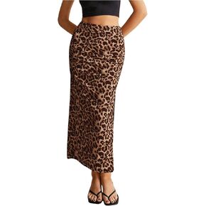 WDIRARA Women's Leopard Print Midi Skirt Y2K Side Split High Waisted Bodycon Skirts