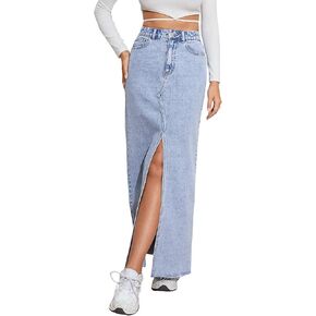 Women's High Waist Maxi Denim Skirt Front Split Frayed Raw Hem A line Casual Long Jean Skirt Light Blue XS.