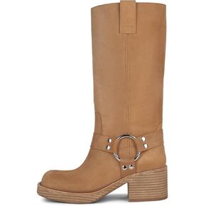Women's motorcycle Knee High Boots Round Toe Chunky LowHeel Fashion Wide Calf Side Zipper Mid Calf Biker Western Riding Boots