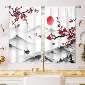 Japanese Cherry Blossom Small Kitchen Curtains Red Flower Window Treatment Sunset Mountain Cafe Short Window Curtains for Bathroom Dining Room Asian Floral Tier Treatment Drapes 27.5x39 inch