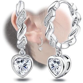 Heart Earrings for Women Trendy - Sterling Silver Hoop Earrings Hypoallergenic Cubic Zirconia Huggie Earrings Dainty Dangle Earrings Small Love Drop Earrings Jewelry Gifts