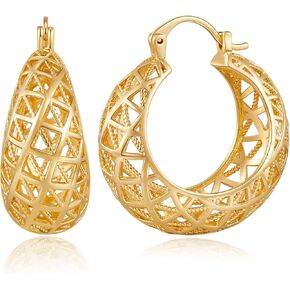 WOWORAMA Gold Filigree Hoop Earrings for Women 14K Gold Plated Thick Chunky Hoop Earrings Boho Vintage Filigree Earrings Wide Large Openwork Hoop Earrings