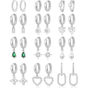 12 Pairs 18K Gold Plated Small Huggie Hoop Earring Set Dainty stud Cartilage Hoop Earring Lightweight Heart Pearl Flower Star CZ Emerald Green Drop Dangle Earring for Women Gold Silver Tone