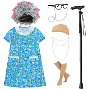 100 Days of School Old Lady Costume for Kids - Grandma Costume Set with White Wig, Glasses, Cane, Dress