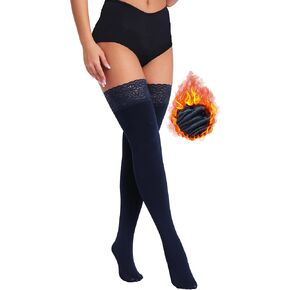 DancMolly Fleece Lined Thigh High Stockings Stay Up Warm Opaque Winter Tights Thermal Lace Top Fleece 8 Colors
