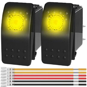 2Pcs Marine Rocker Switch 12V Lighted Rocker Toggle Switch Yellow LED Light Illuminated 3Pin SPST 2Position ON/Off Waterproof with Locked Terminal Wires for Boat UTV RZR ATV Car Automotive