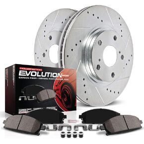 Power Stop Front K8205 Z23 وسادات فرامل سيراميك من ألياف الكربون ومجموعة فرامل دوارة محفورة ومشقوقة