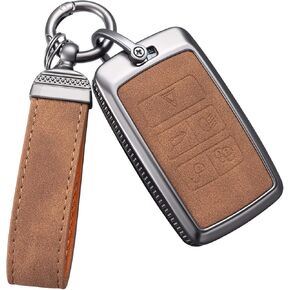 YO&YOYE for Land Rover Key Fob Cover with Keychain Leather Key Case Protector Compatible with Land Rover Vogue Range Discovery Rover Sport (Model2, Brown)