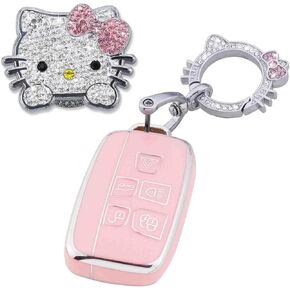 Pink Car Accessories 3 Pcs for 2018-2022 Toyota Camry RAV4 Highlander Avalon C-HR Prius Corolla GT86 Key Fob Cover with Bling Keychain Cute Push to Start Button Cover