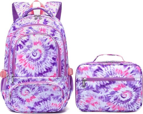 BLUEFAIRY Girls Backpack with Lunch Box Kids Bookbag Set Elemenatry School Bag 17" with insulated Lunch Bag Lunchbox Set Cute Back to School Gifts Mochilas Escolares para Niñas Tie Dye Purple in Kuwait