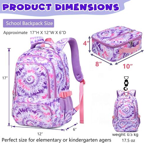 BLUEFAIRY Girls Backpack with Lunch Box Kids Bookbag Set Elemenatry School Bag 17" with insulated Lunch Bag Lunchbox Set Cute Back to School Gifts Mochilas Escolares para Niñas Tie Dye Purple in Kuwait
