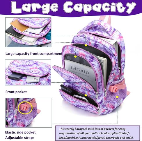 BLUEFAIRY Girls Backpack with Lunch Box Kids Bookbag Set Elemenatry School Bag 17" with insulated Lunch Bag Lunchbox Set Cute Back to School Gifts Mochilas Escolares para Niñas Tie Dye Purple in Kuwait