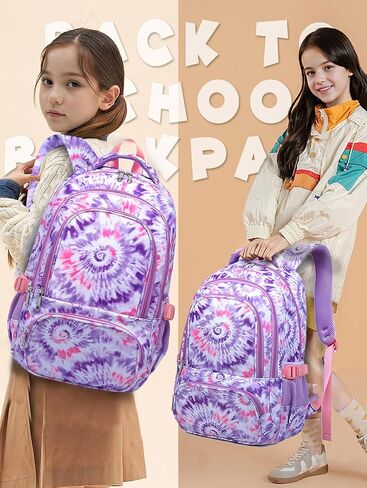BLUEFAIRY Girls Backpack with Lunch Box Kids Bookbag Set Elemenatry School Bag 17" with insulated Lunch Bag Lunchbox Set Cute Back to School Gifts Mochilas Escolares para Niñas Tie Dye Purple in Kuwait