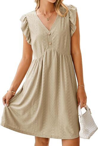 Simplee Womens Summer Short Sundress Casual Ruffle Sleeve Mini Dress 2025 Boho Beach Wedding Guest Eyelet Dresses with Pocket in Kuwait